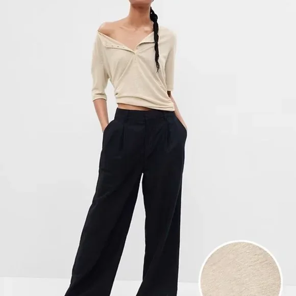 🔥 GAP | Gold Shimmer Linen-Blend Henley Tee Sz XS NWT - Picture 2 of 9